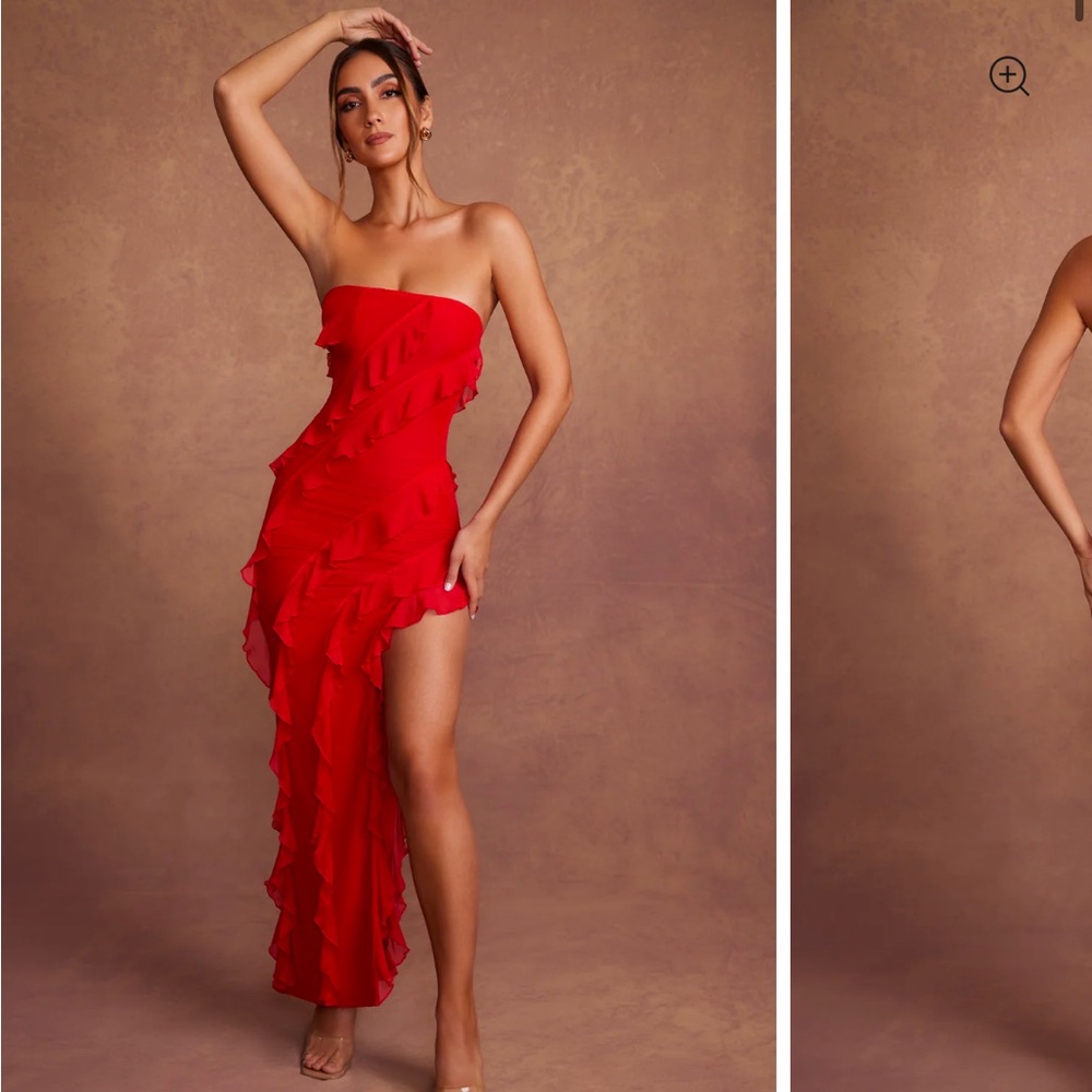 Oh Polly Red Asymmetrical Strapless Gown